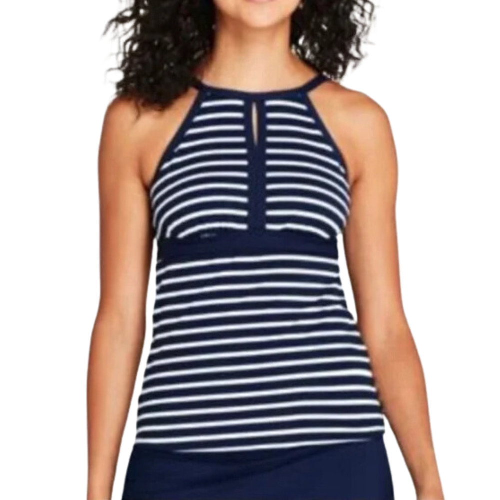 LANDS' END Blue White Stripe Keyhole High Neck Tankini Molded Cups Women's 4